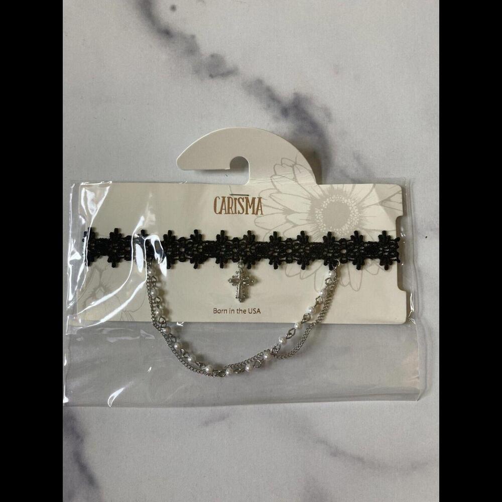 Black Lace Choker w/ Pearls on Silver Chain & Silver Cross NEW by Carisma Gothic